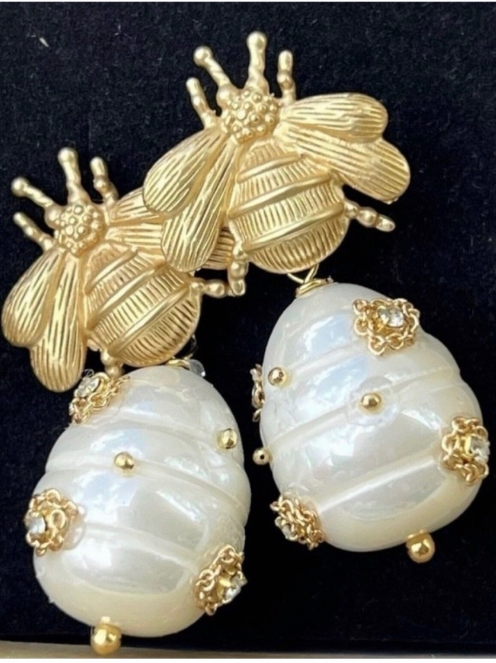 Gold Bee and Pearl Drop Earrings - Women Jewelry hypoallergenic